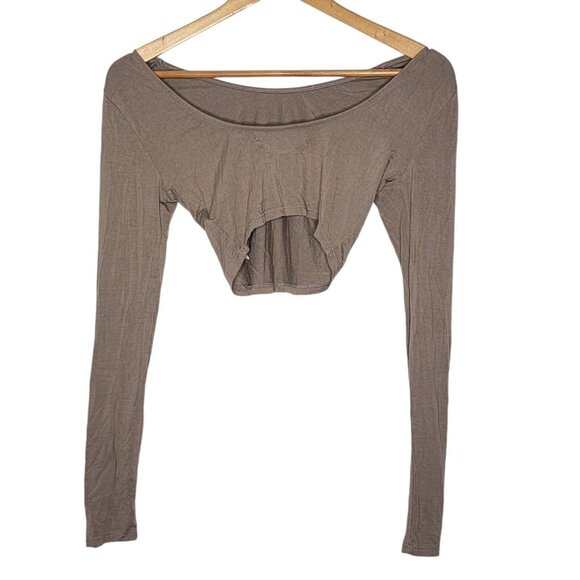 Free People Beach XS Brown Long Sleeve Crop Top Women's Boat Neck - Picture 2 of 5